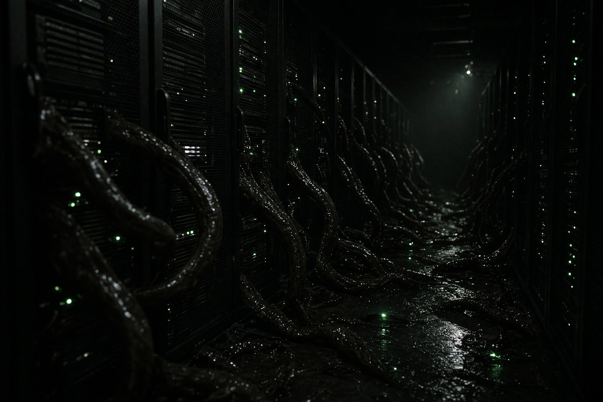 A dark server room aisle with rows of small green indicator lights, wet dark tentacles threaded through the racks.