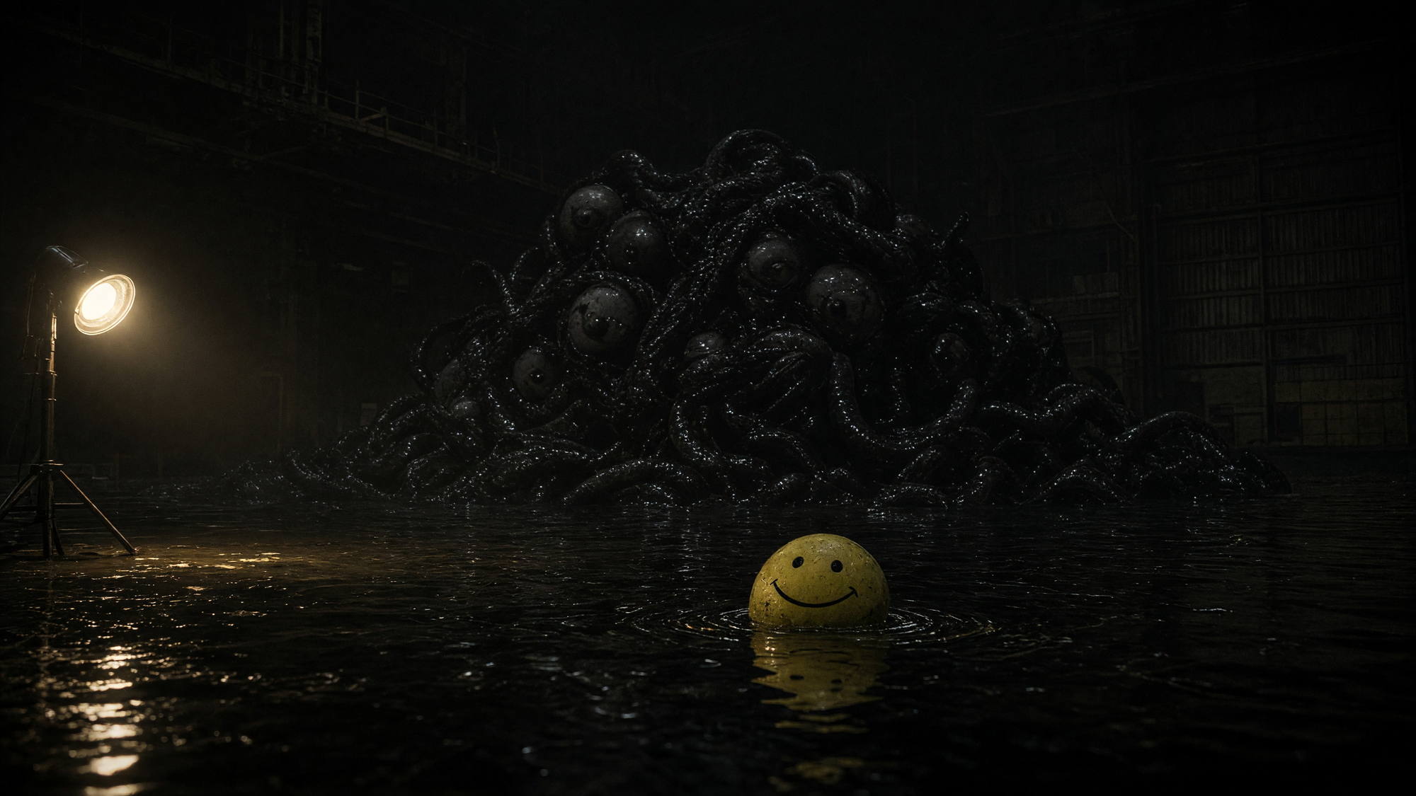 A yellow smiley mask floating on still black water in front of an enormous mound of tentacles and eyes, lit by one lamp.