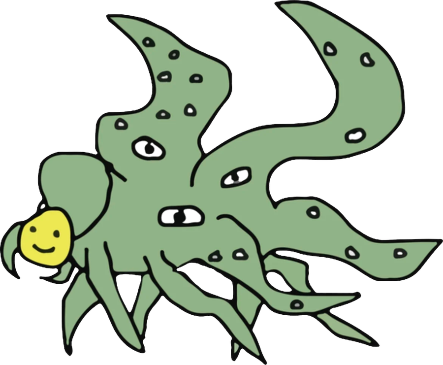 The original shoggoth meme drawing: a green cartoon mass of tentacles and eyes holding a small yellow smiley face.